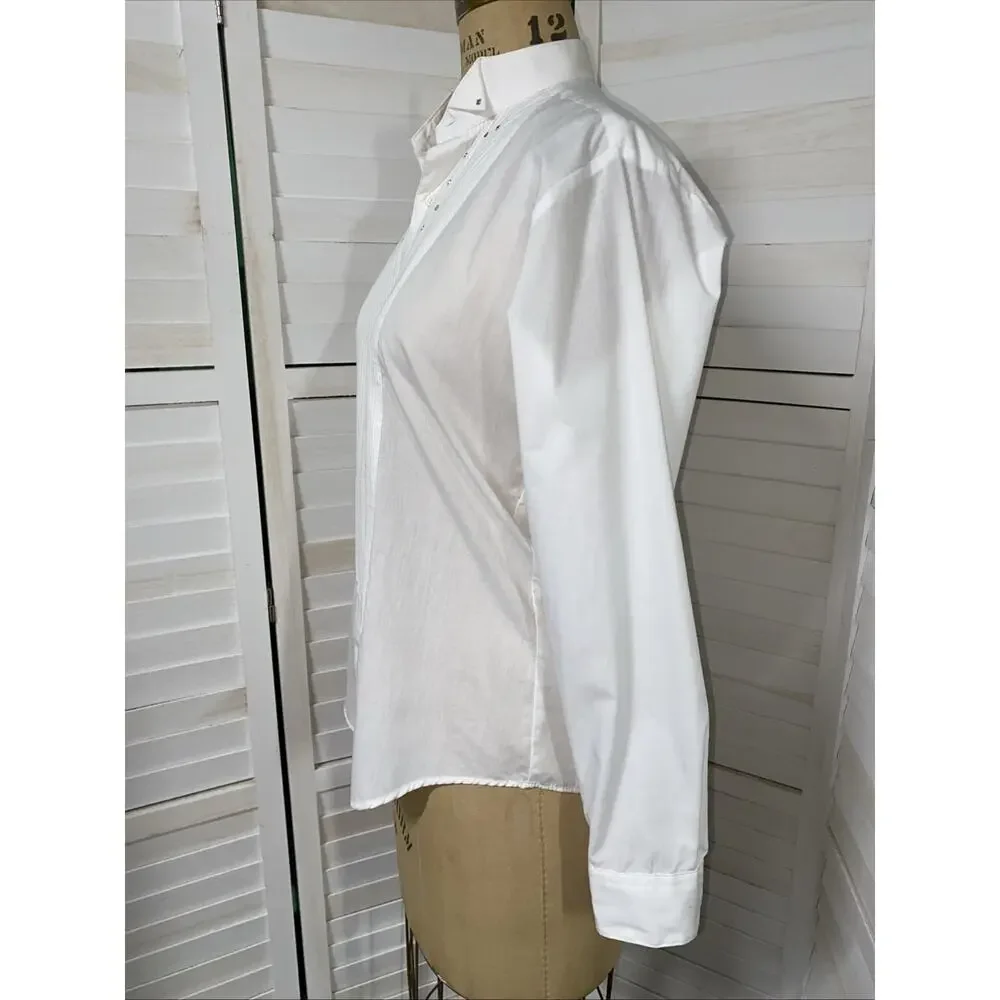 80s Fashion Gear White Tuxedo Shirt Pleated Front Long Sleeve Rhinestone Small